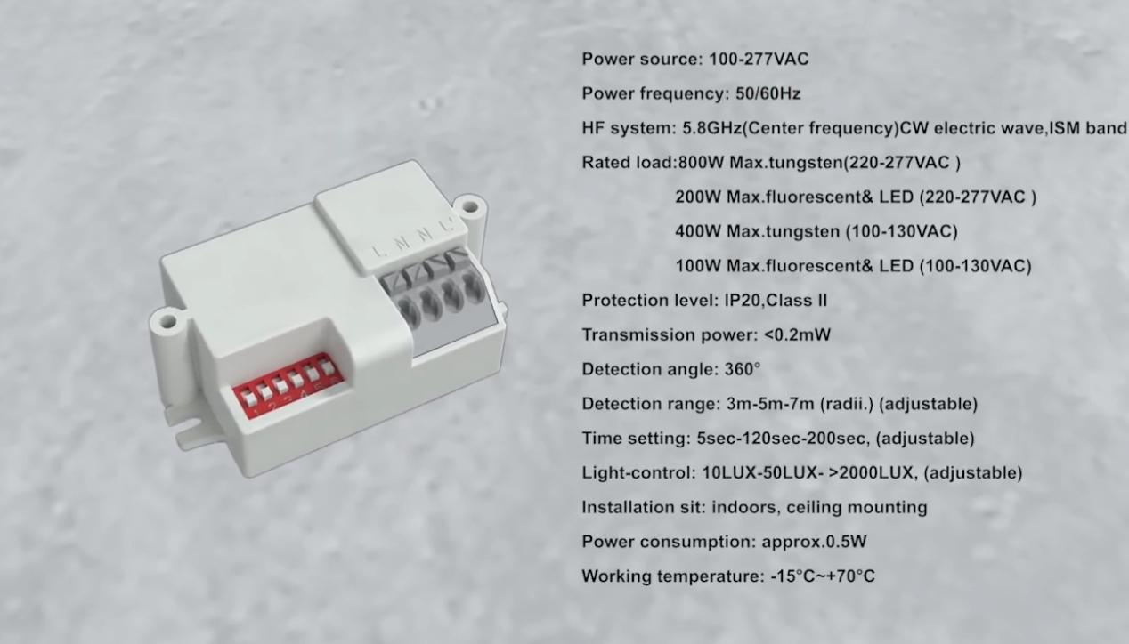 PDLUX-ek PD-MV1031 - 5.8GHz 360 ° Mikrouhin Mugimendu Sentsorea jarri du abian Argiztapen eta Segurtasun Smart